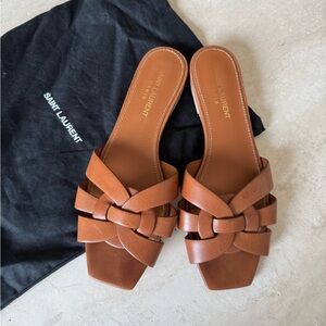 Saint Laurent Brown Leather Sandals with Square Toe